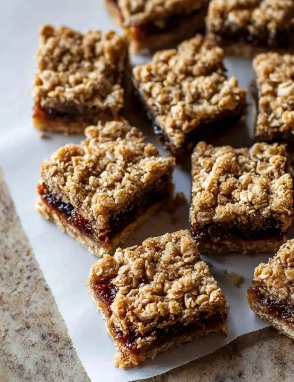 Homemade oatmeal fig bars with a golden brown crust and fig filling