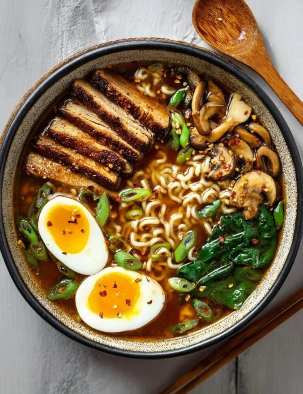 A bowl of delicious homemade ramen with fresh toppings and savory broth