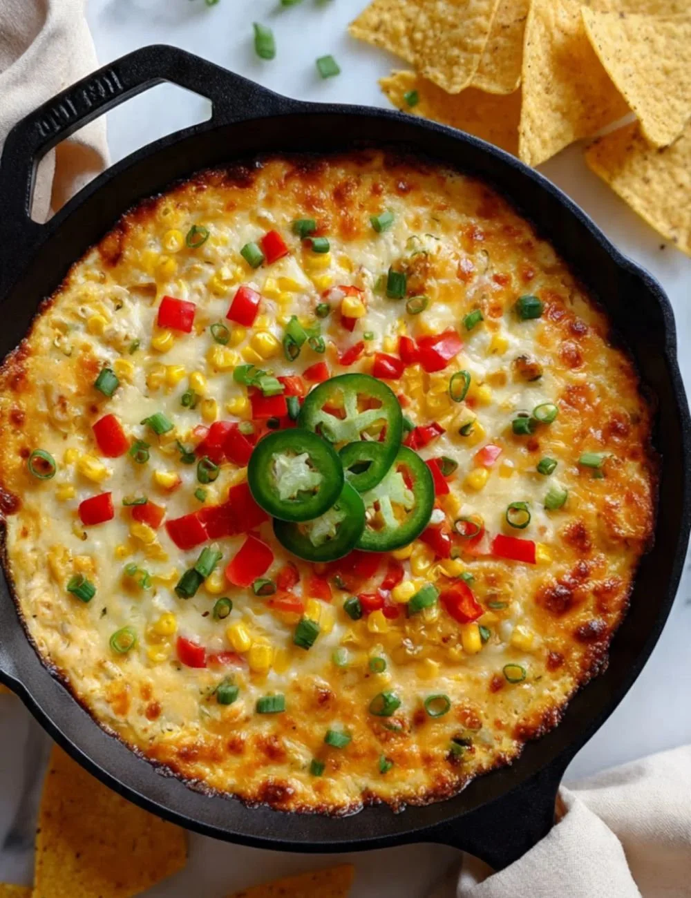 Hot cheesy corn dip served in a bowl, perfect for appetizers and parties