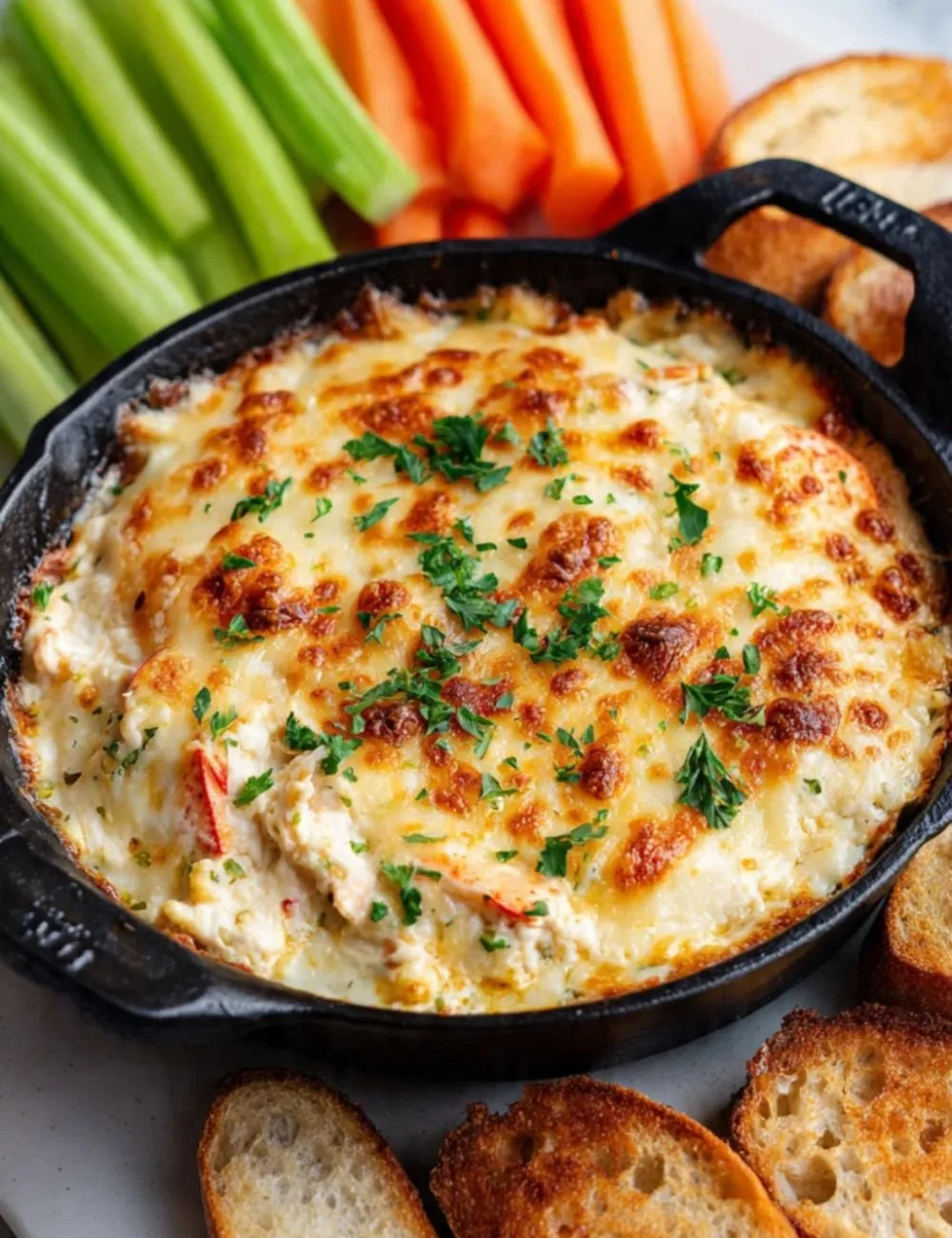Hot lobster dip served in a bowl with crackers for dipping