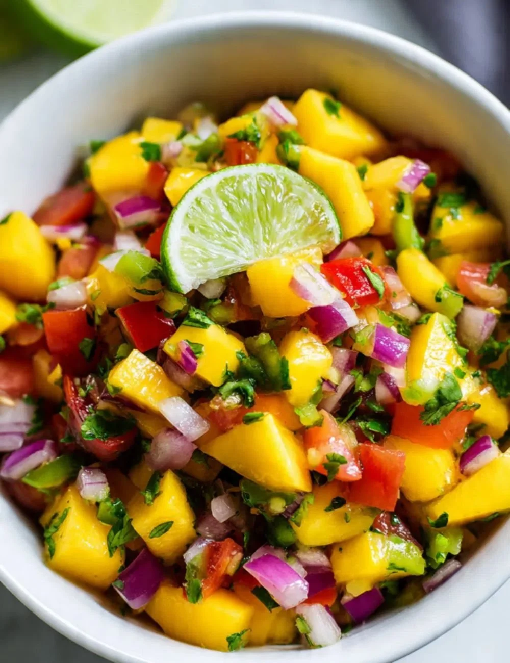 Delicious Mango Salsa Roja served in a bowl, garnished with cilantro.