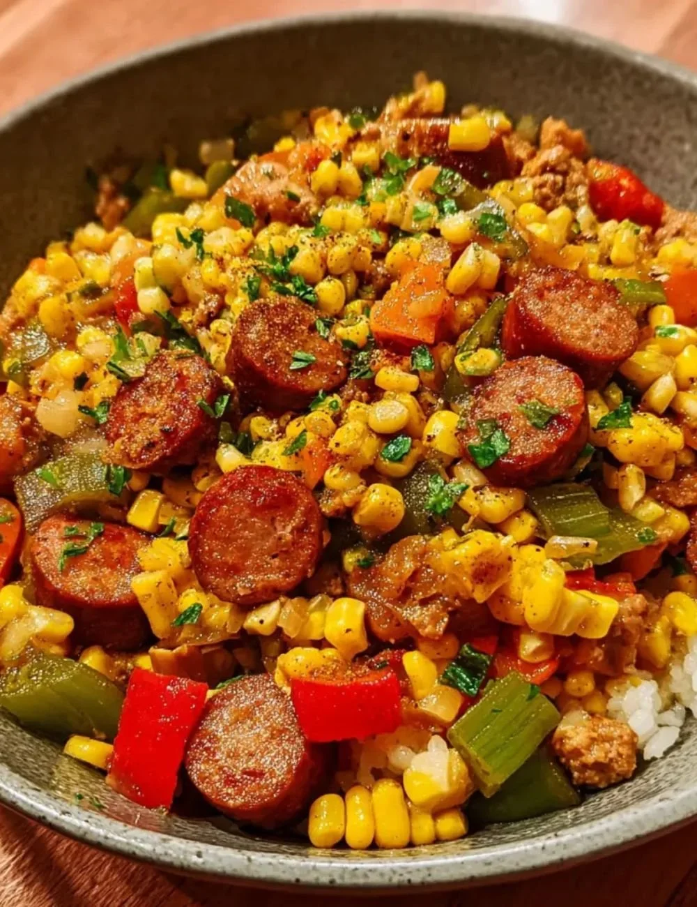 Delicious Maque Choux with sausage served in a bowl.