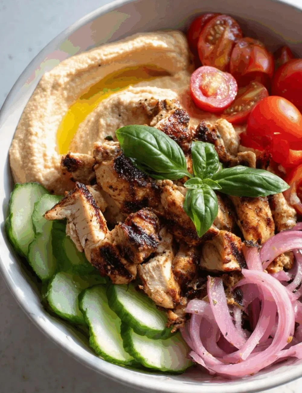 Mediterranean Chicken Bowl served with hummus and fresh vegetables