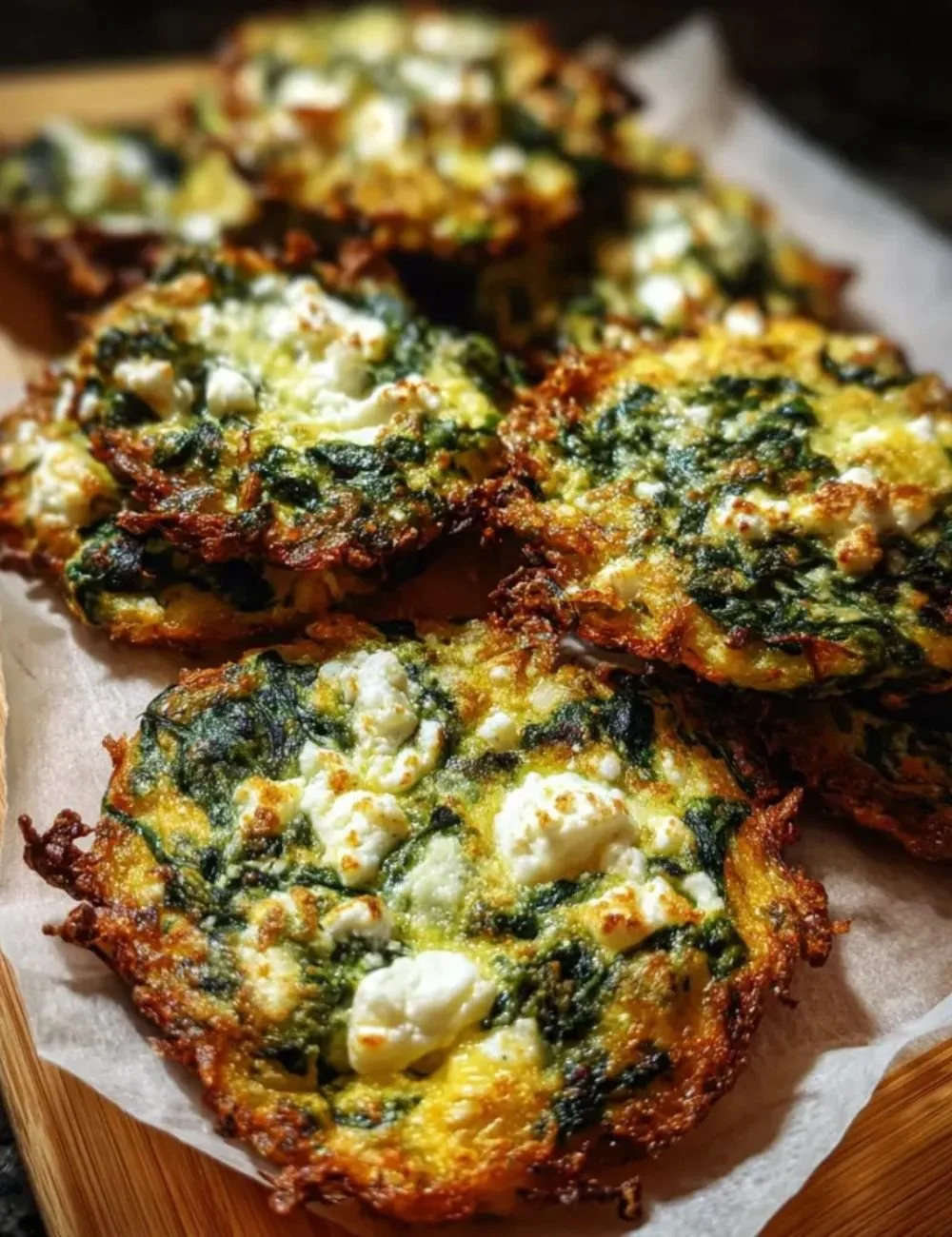 Mediterranean Spinach Feta Crisps topped with spinach and feta cheese