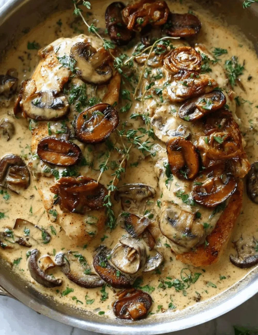 Delicious one pan chicken with mushrooms served on a plate.