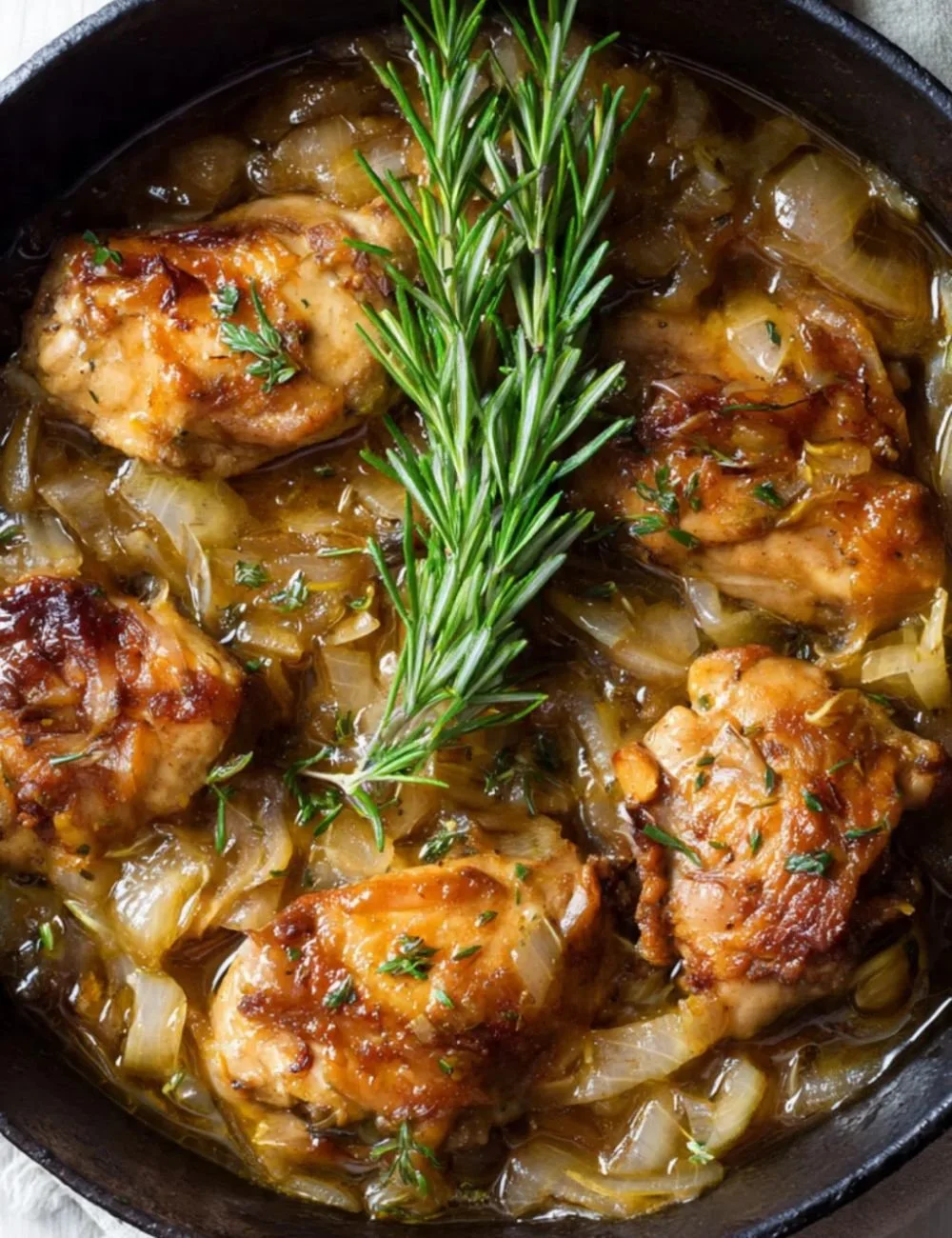 Delicious bowl of Onion and Chicken Stew with fresh herbs.