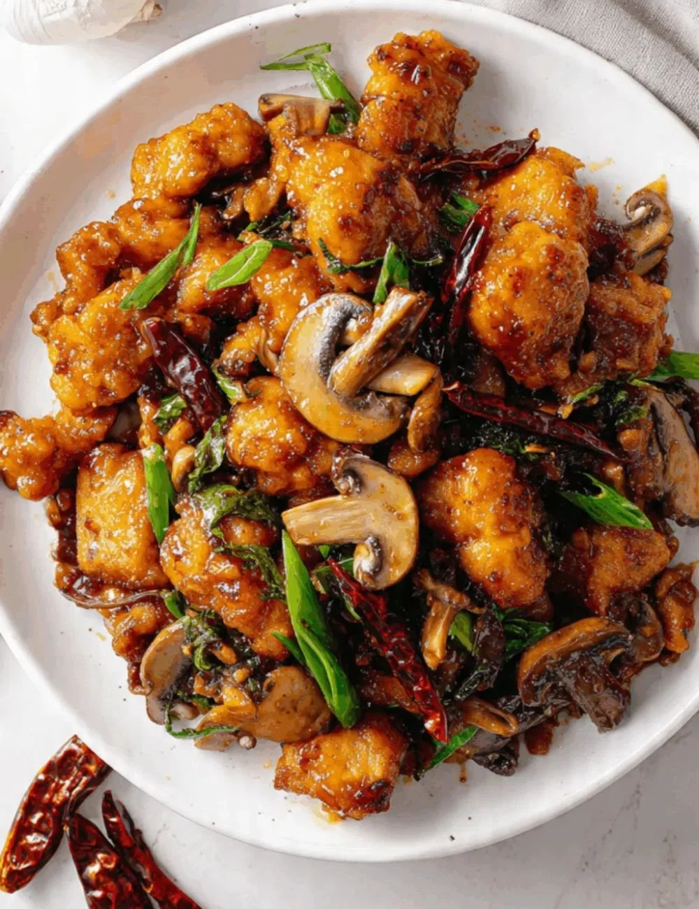 Delicious orange chicken served on a plate with garnishes