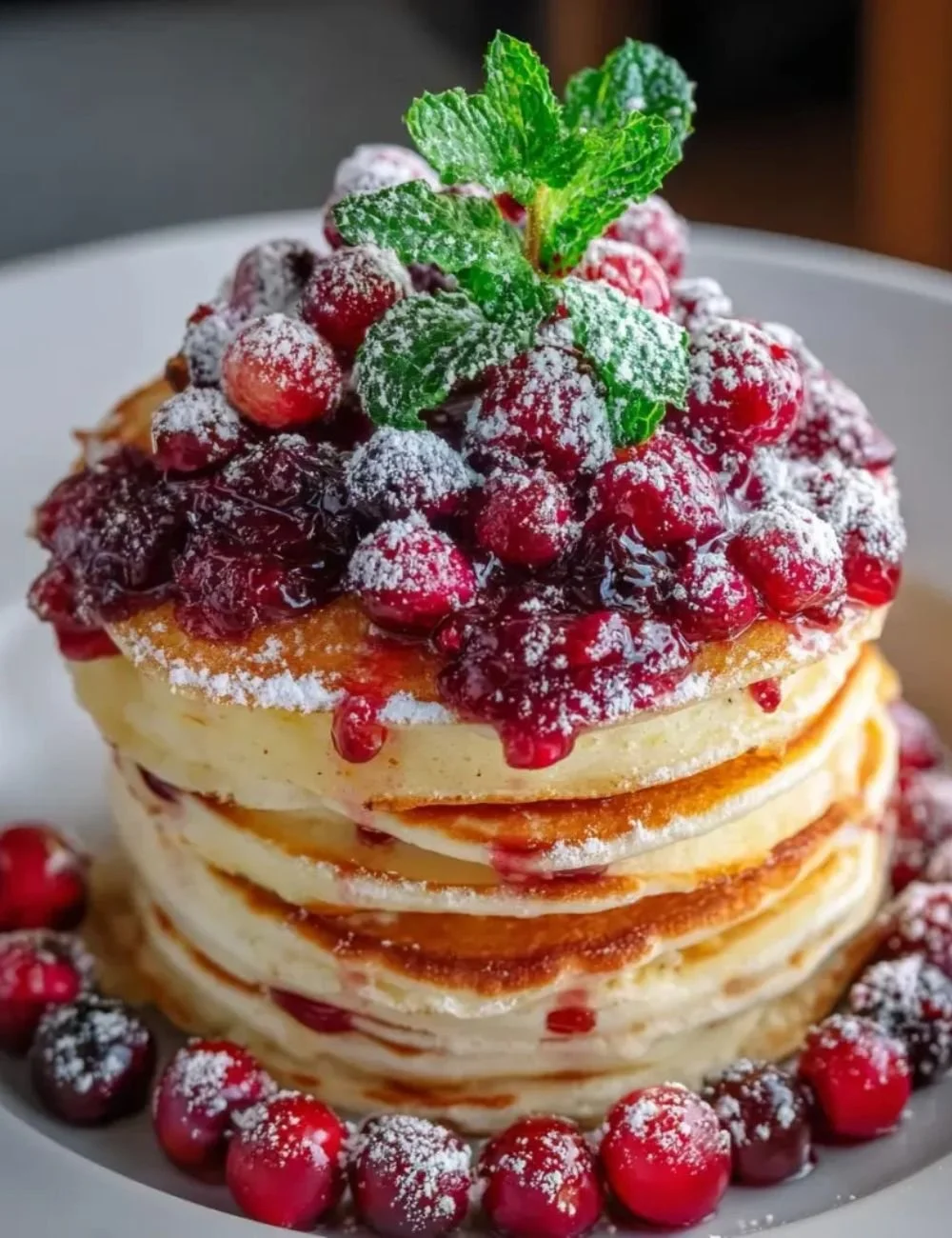 Delicious pancake stack with syrup and fresh fruit on top