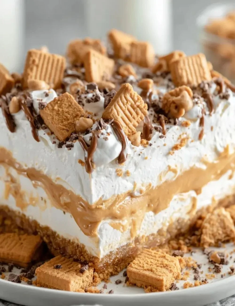 Delicious Peanut Butter Layered Delight dessert with creamy layers and chocolate.