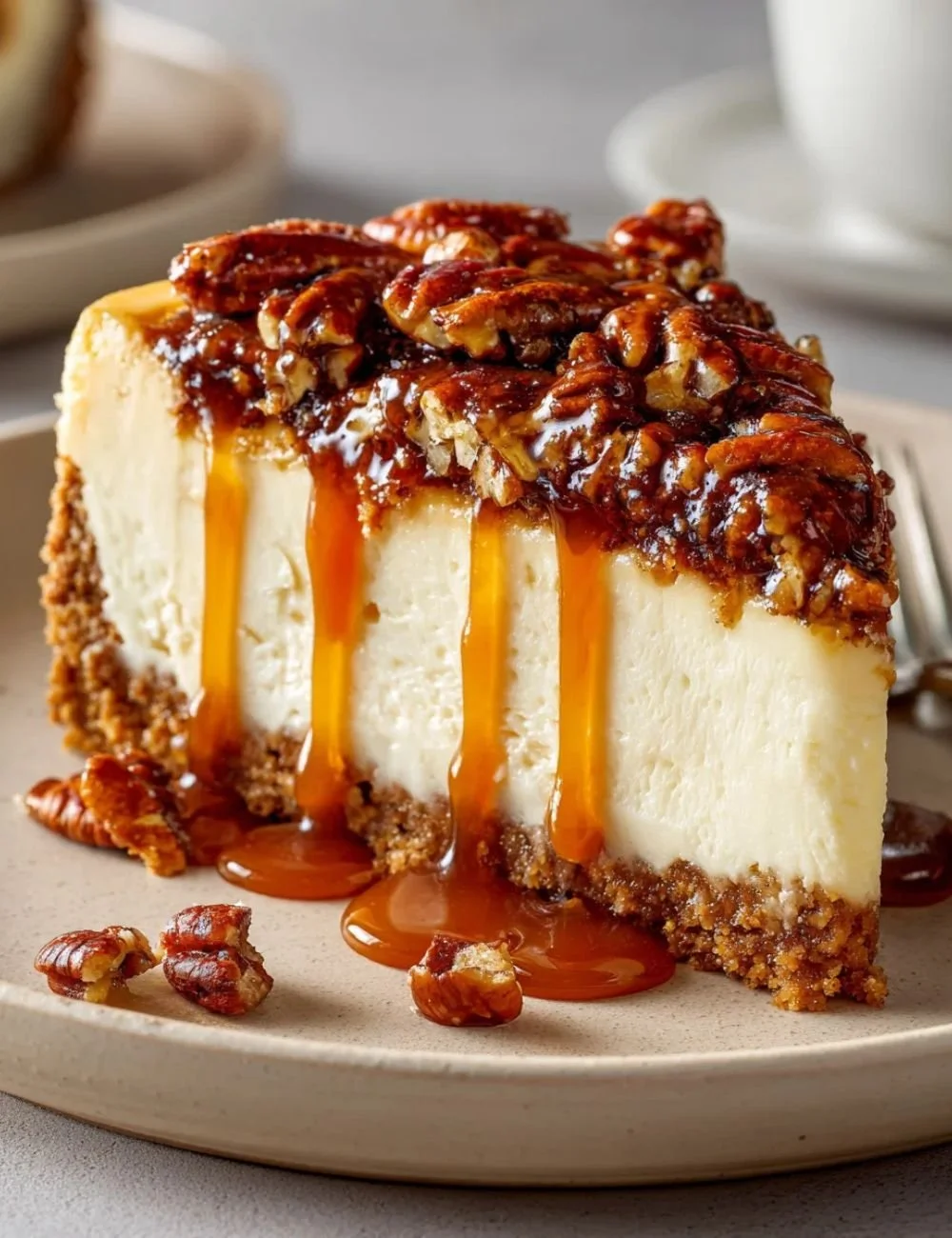 Delicious slice of Pecan Pie Cheesecake topped with pecans and caramel drizzle