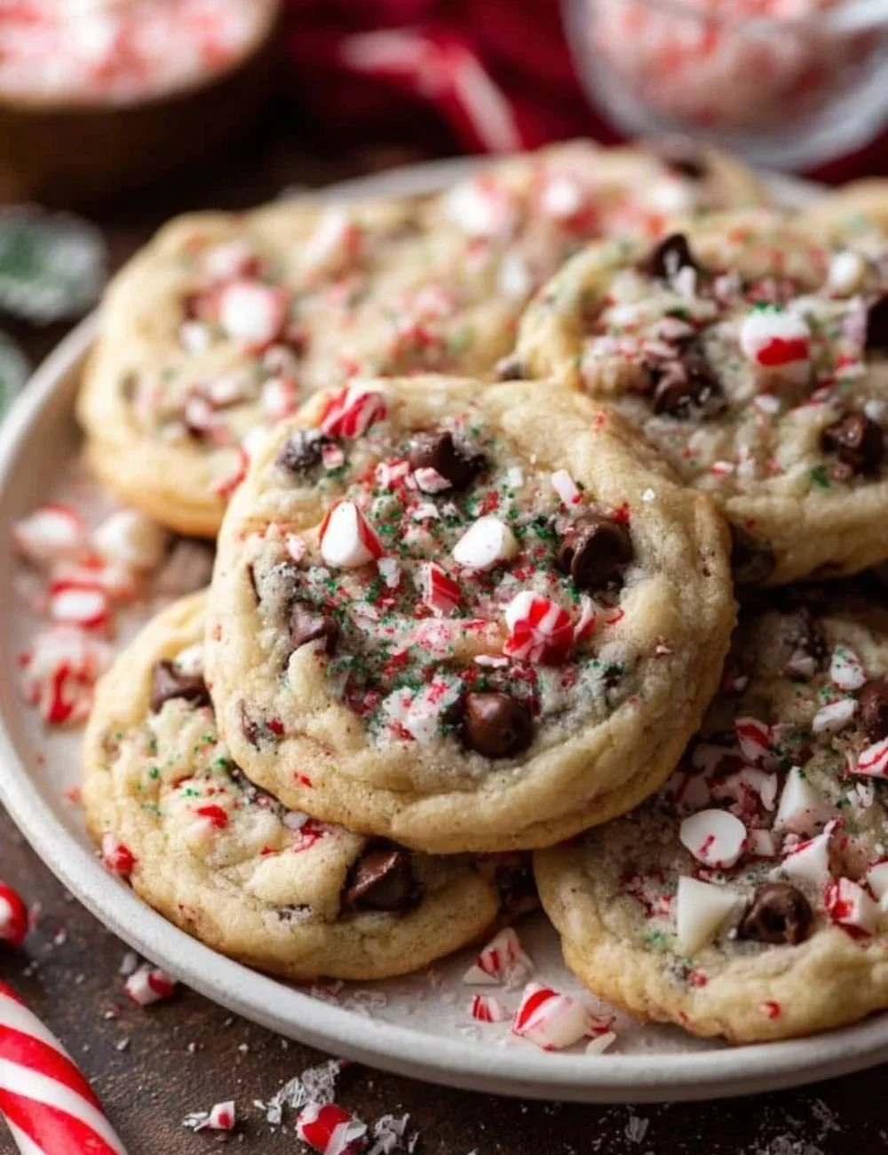 Delicious Peppermint Chocolate Chip Christmas Cookies on a festive platter
