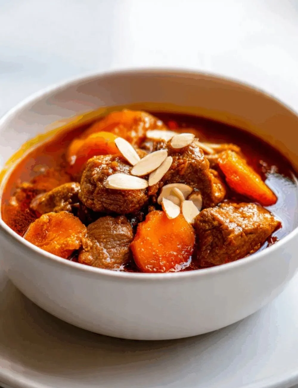 A delicious bowl of Persian Lamb Stew with carrots, herbs, and spices.