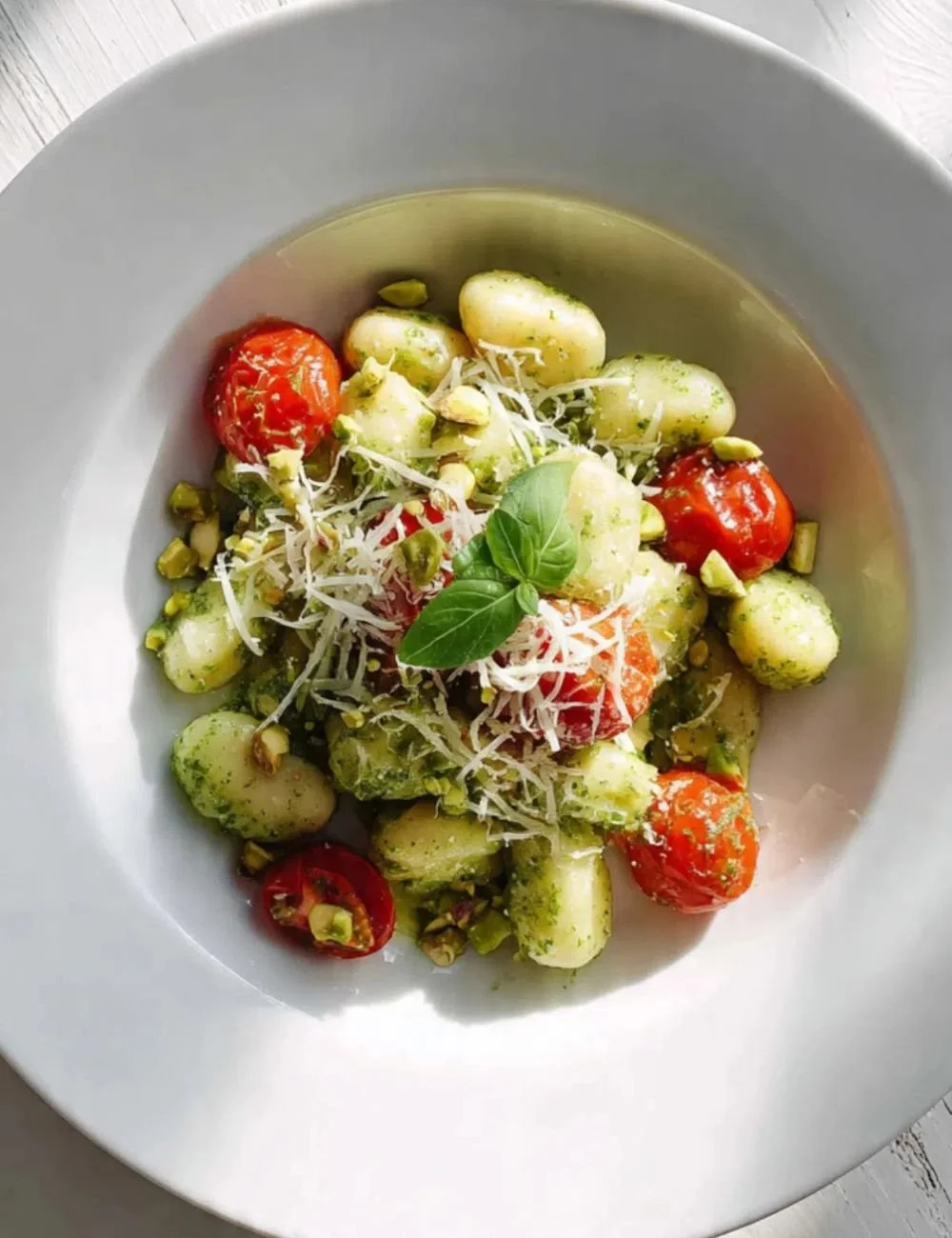Delicious Pesto Chicken Gnocchi served with fresh basil and grated cheese.