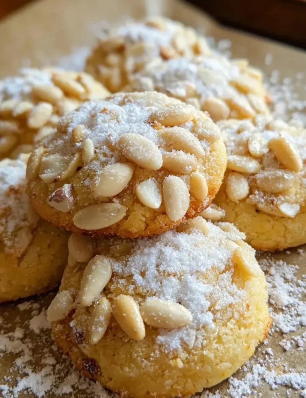 Delicious homemade pignoli cookies topped with pine nuts.