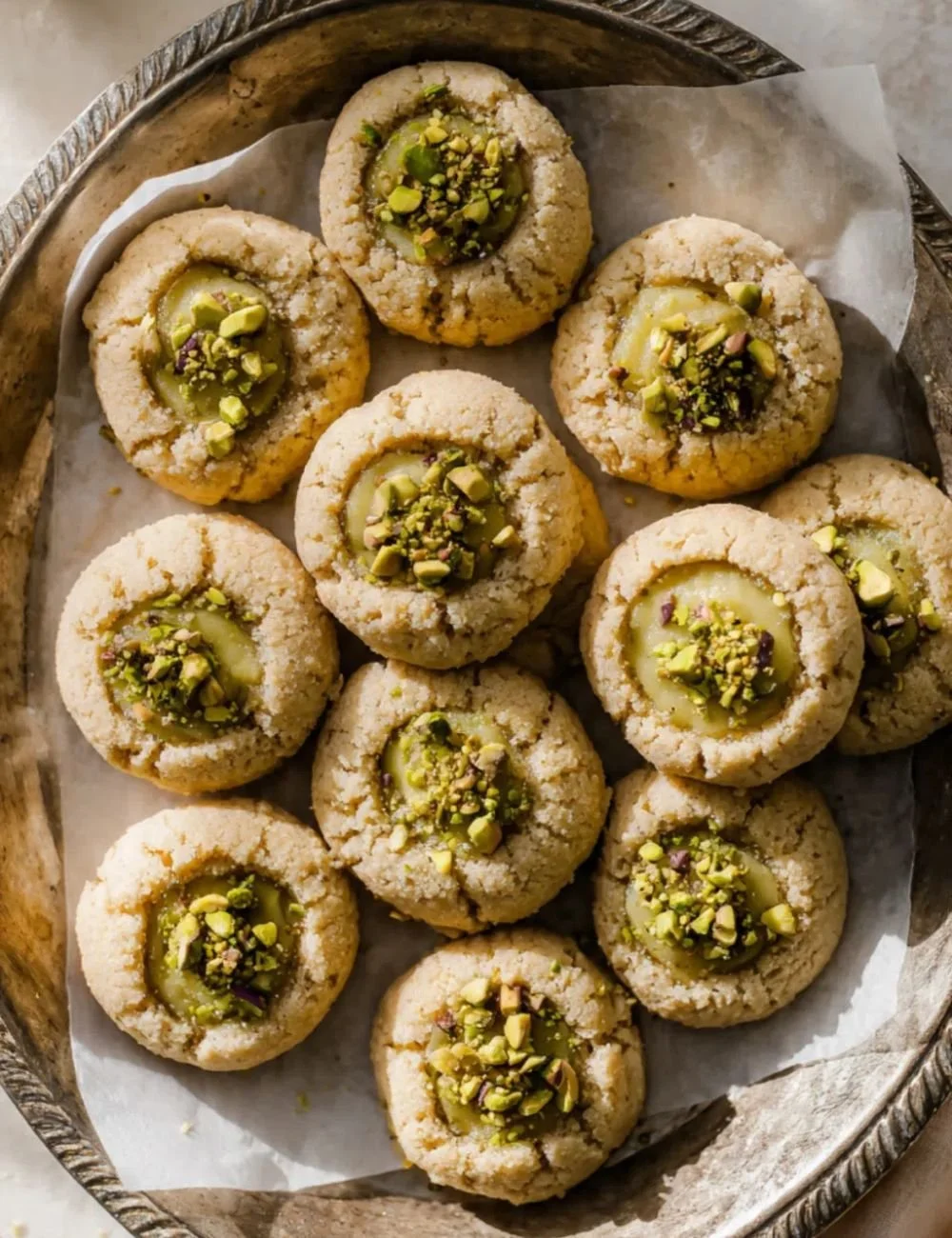 Delicious pistachio thumbprint cookies on a baking tray