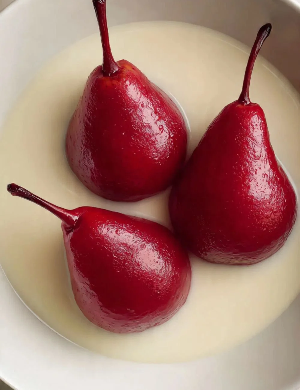 Delicious poached pears served with syrup and garnished with mint.