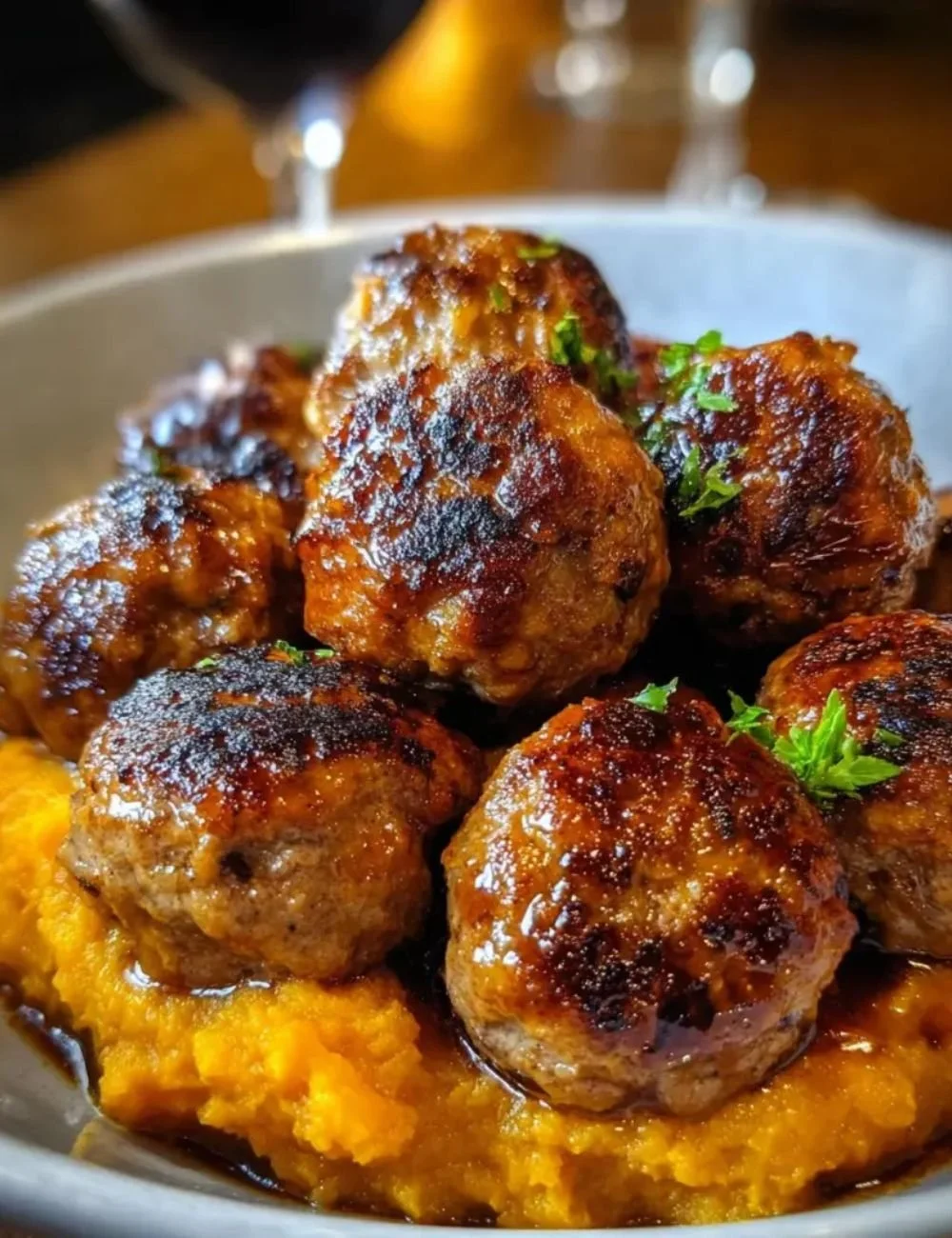 Pork meatballs served with roasted sweet potato slices