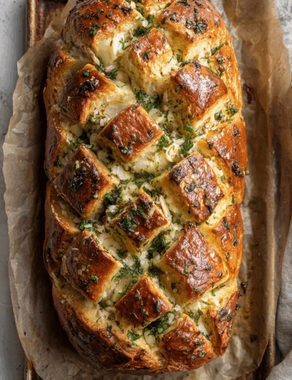 Delicious pull apart garlic herb cheese bread with melted cheese and herbs.