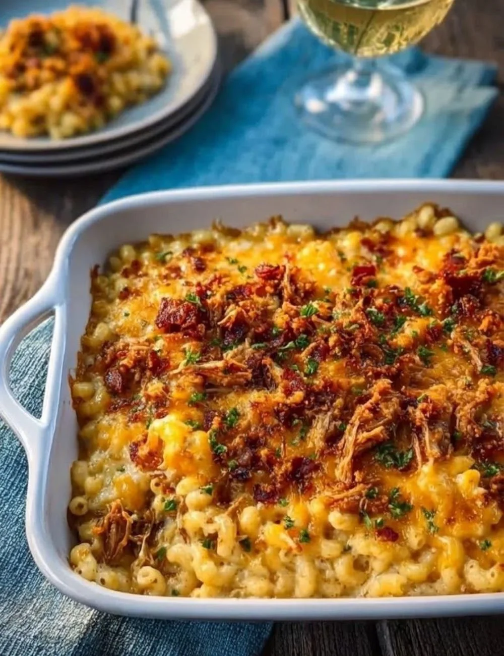 A delicious serving of pulled pork mac and cheese topped with crispy breadcrumbs.