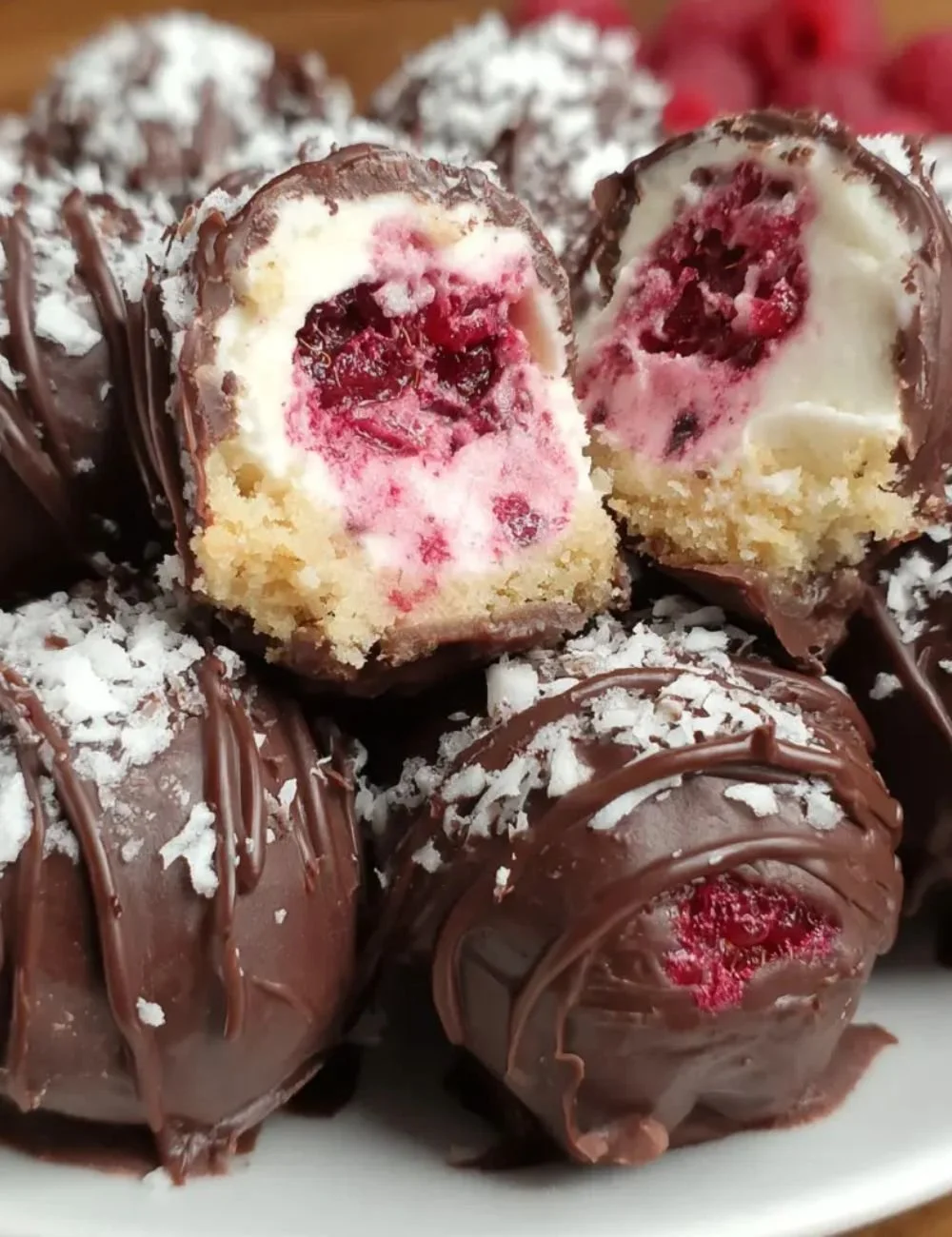 Delicious Raspberry Cheesecake Truffles coated in chocolate.
