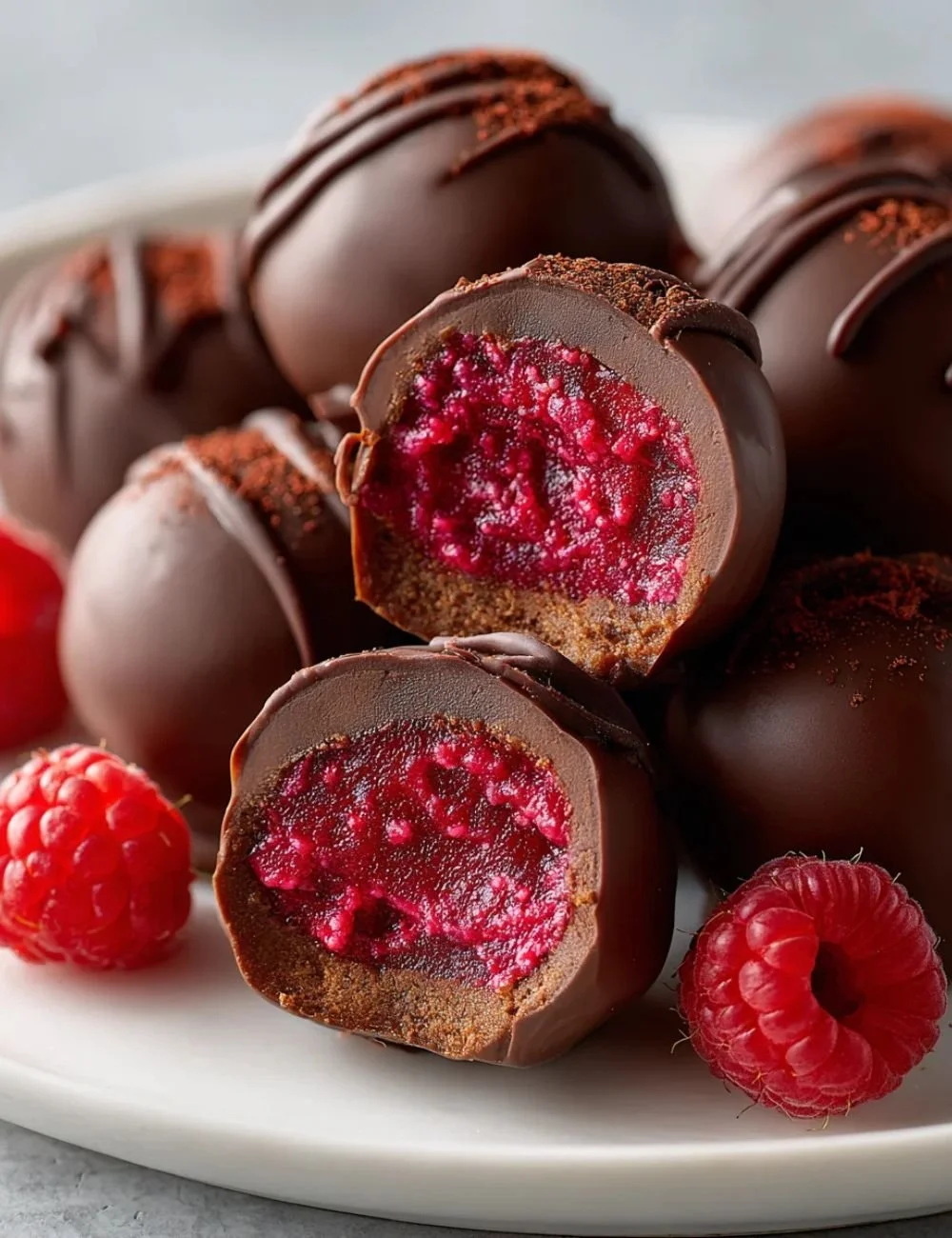 Gourmet Raspberry Truffles topped with fresh raspberries and cocoa powder