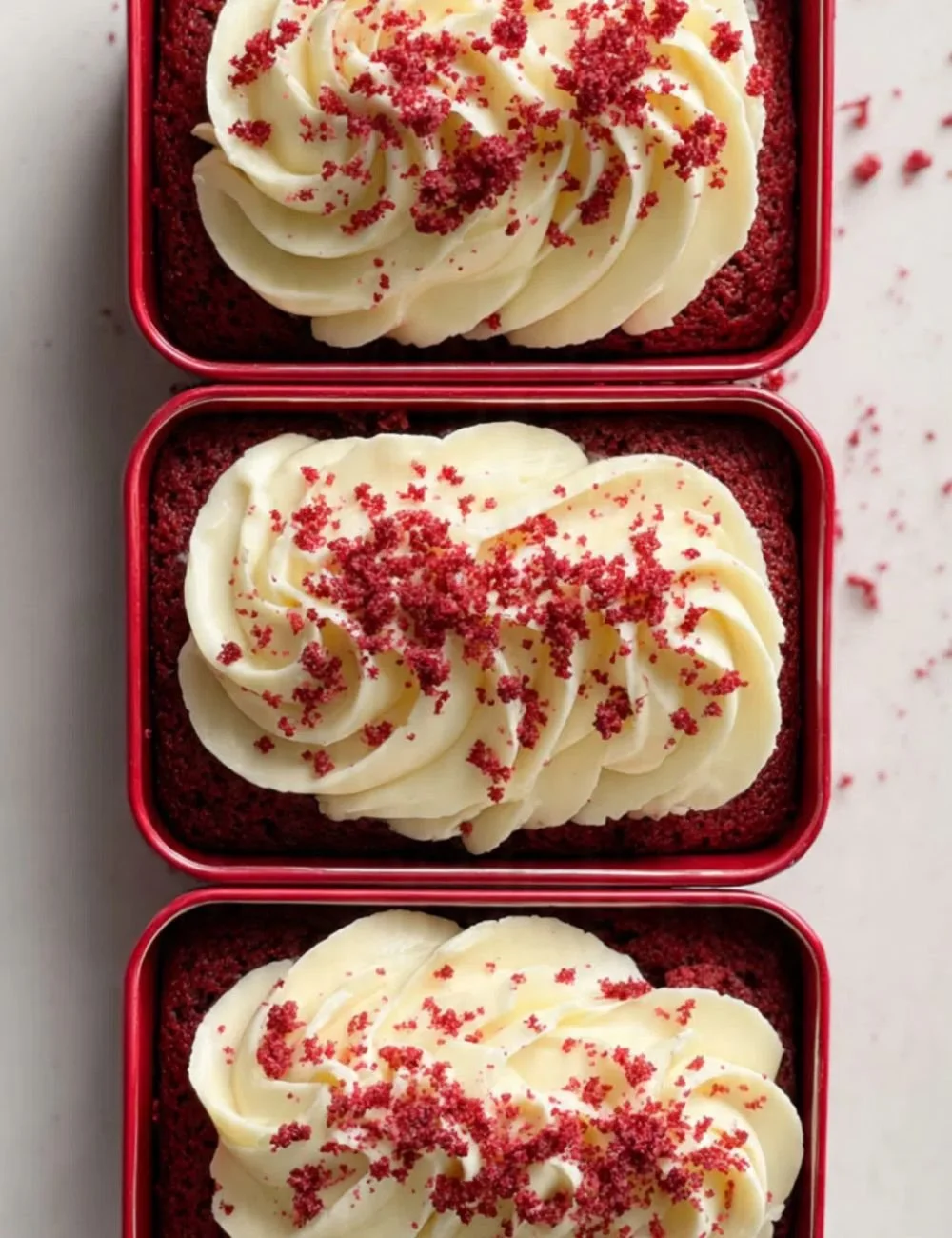 A freshly baked red velvet mini loaf with cream cheese frosting