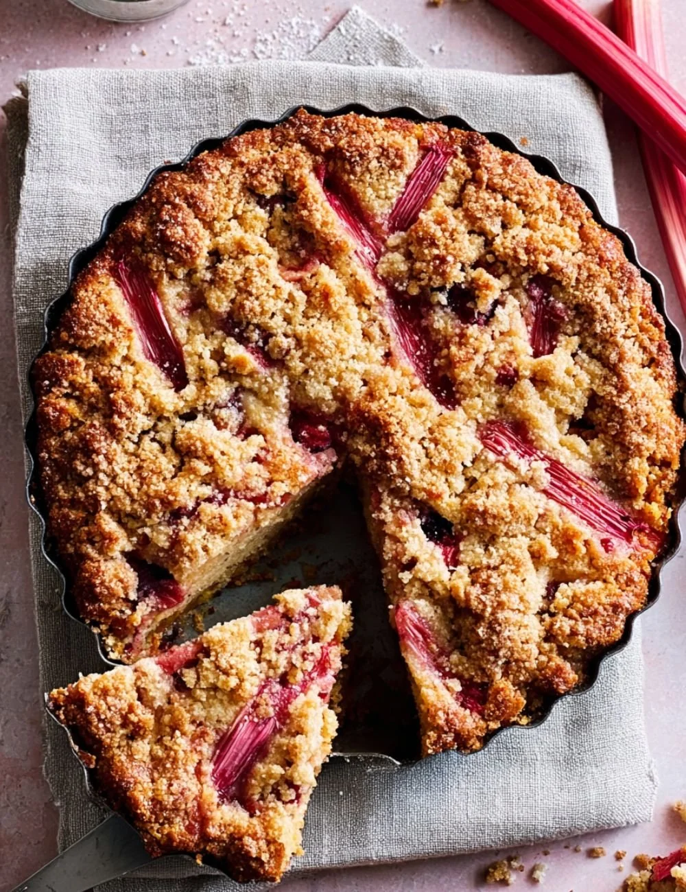 Delicious homemade rhubarb buckle dessert served on a plate with fresh rhubarb.