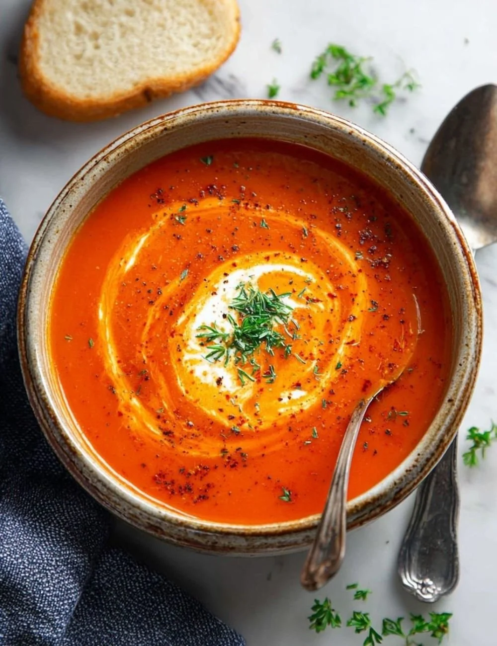 Bowl of creamy roasted red pepper soup garnished with fresh herbs