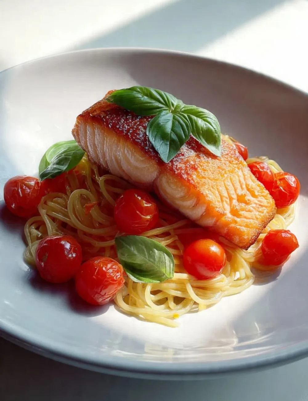 Delicious salmon pasta dish with creamy sauce and herbs.