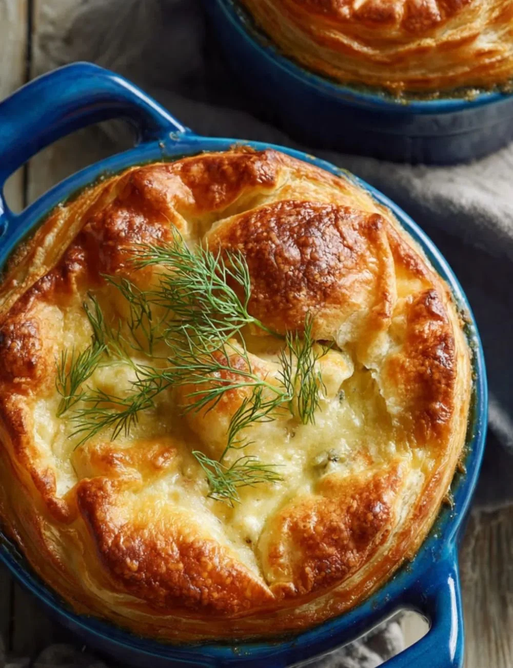 Delicious homemade Seafood Pot Pie topped with golden crust and seafood filling