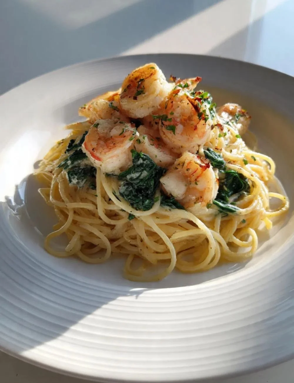 Delicious Shrimp Alfredo with Spinach served in a creamy sauce over pasta