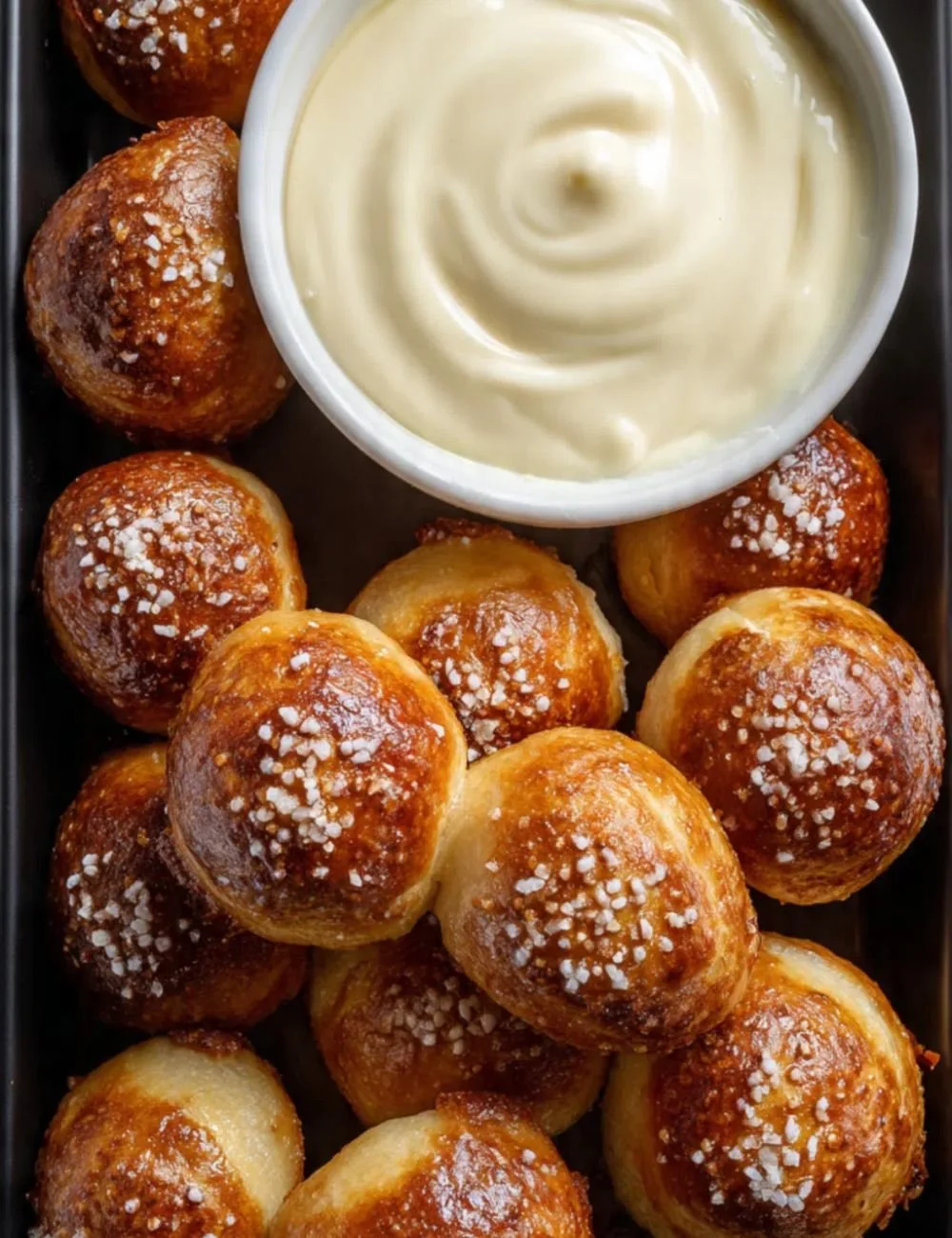 Delicious soft pretzel bites served with a rich cheese dip.