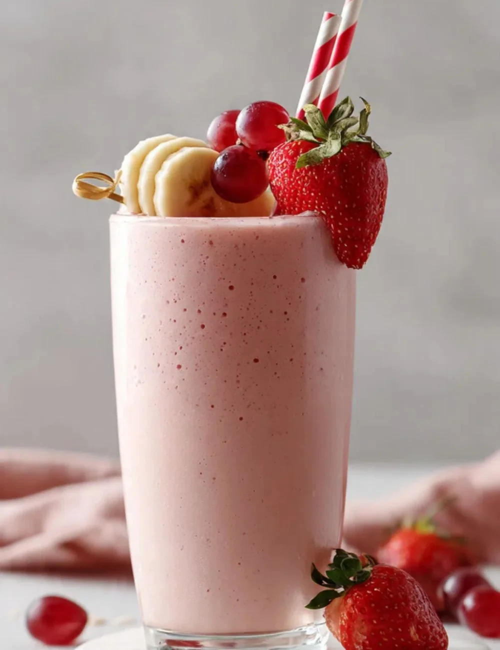 Delicious strawberry coconut smoothie in a glass garnished with fresh strawberries.