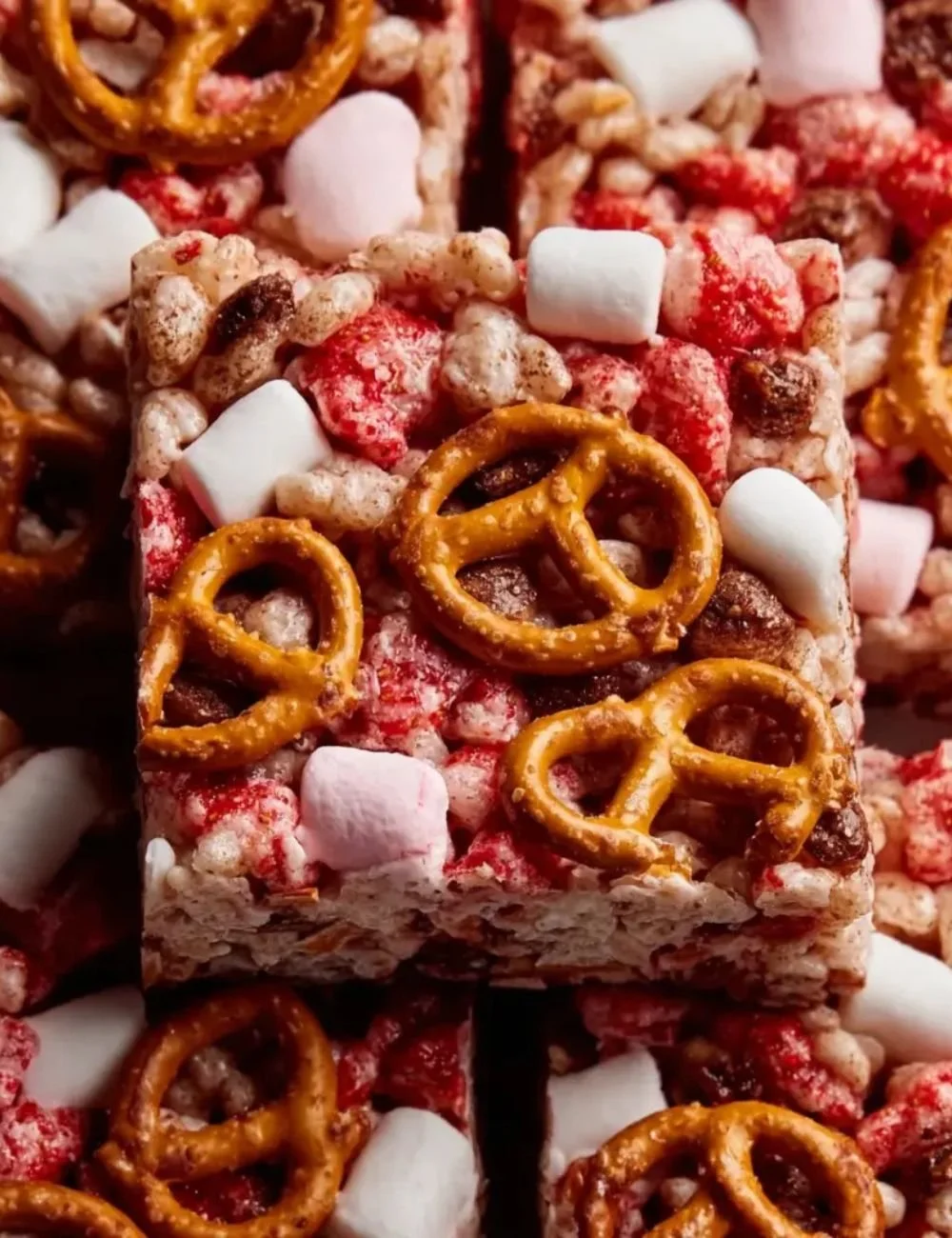 Delicious Strawberry Pretzel Marshmallow Treats served on a plate