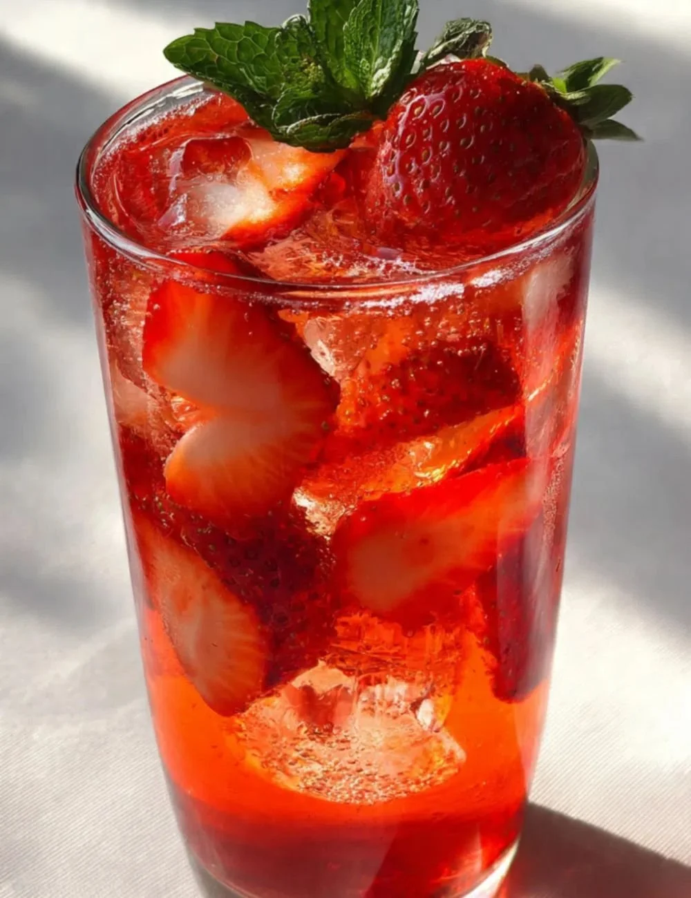 A glass of strawberry vanilla iced tea with fresh strawberries and mint leaves