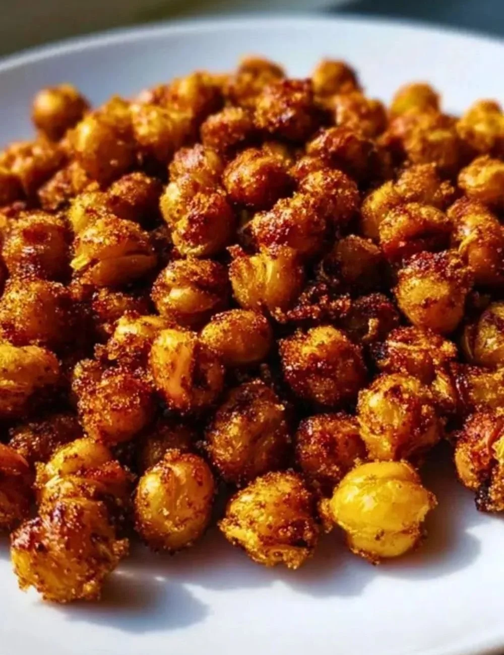 Sweet cinnamon sugar roasted chickpeas in a bowl, a delicious healthy snack.
