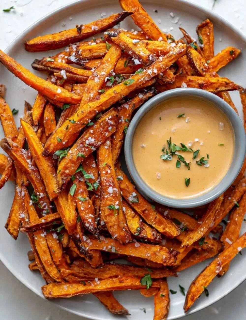 Crispy sweet potato fries served with spicy dipping sauce