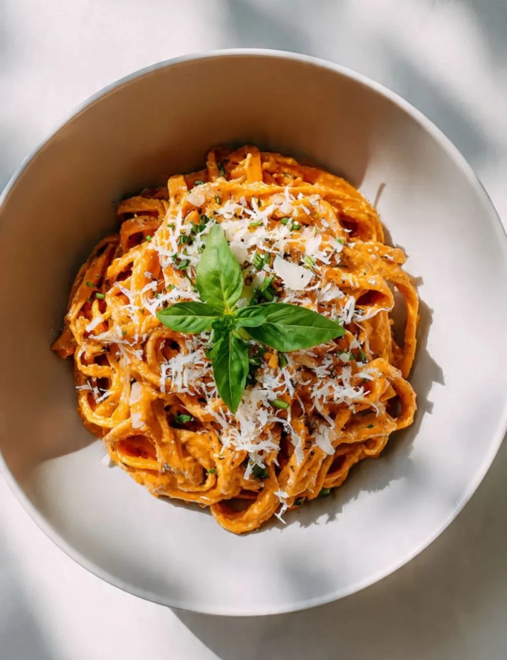 Bowl of creamy Tomato Gorgonzola Pasta topped with fresh basil