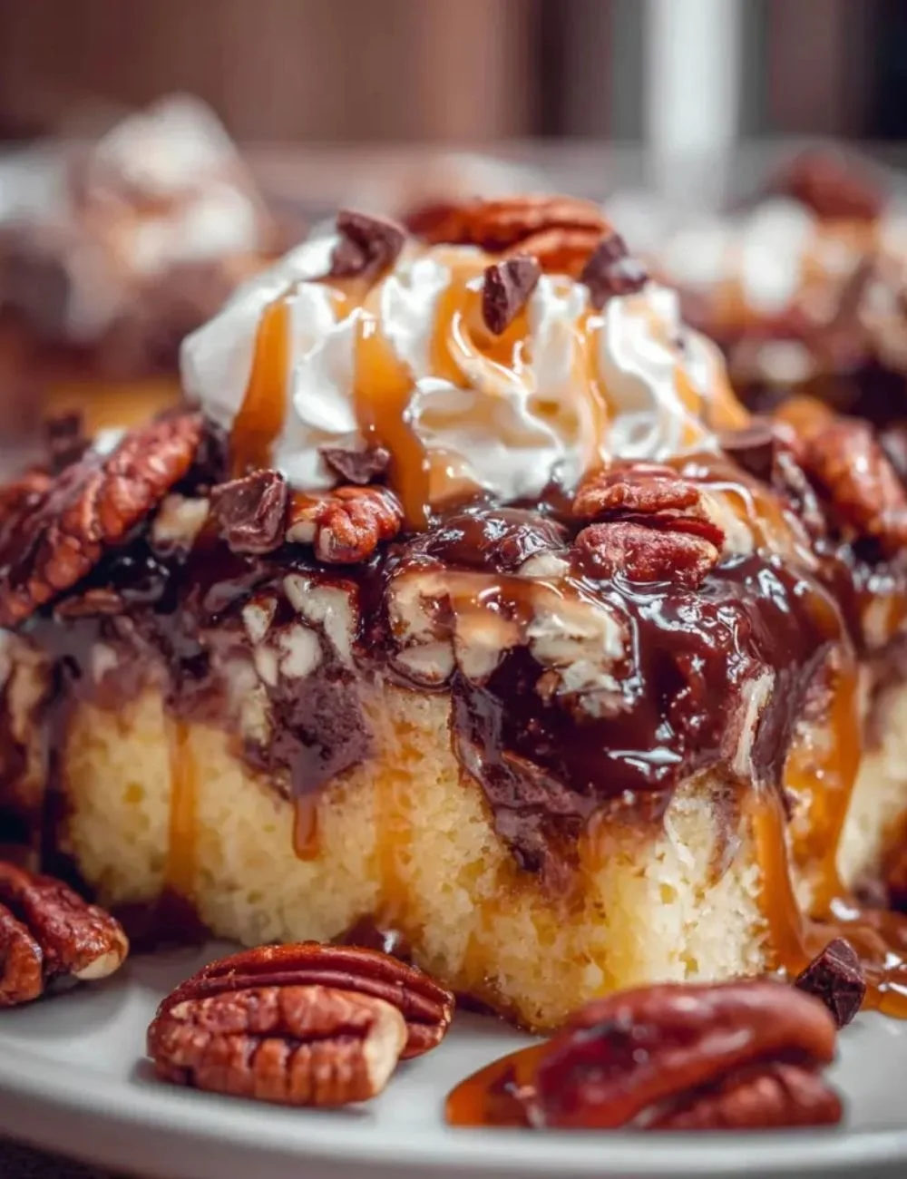 Delicious Turtle Poke Cake topped with chocolate, caramel, and pecans.