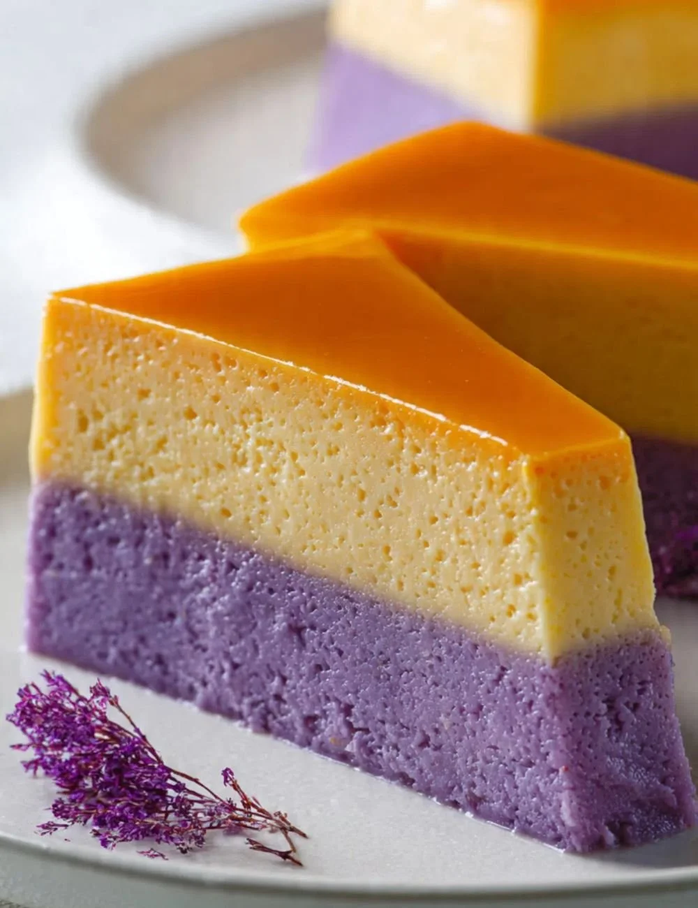 Delicious ube flan cake layered with creamy flan and vibrant ube flavor