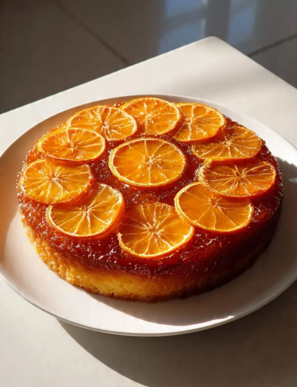 Delicious upside down orange cake with fresh oranges on top