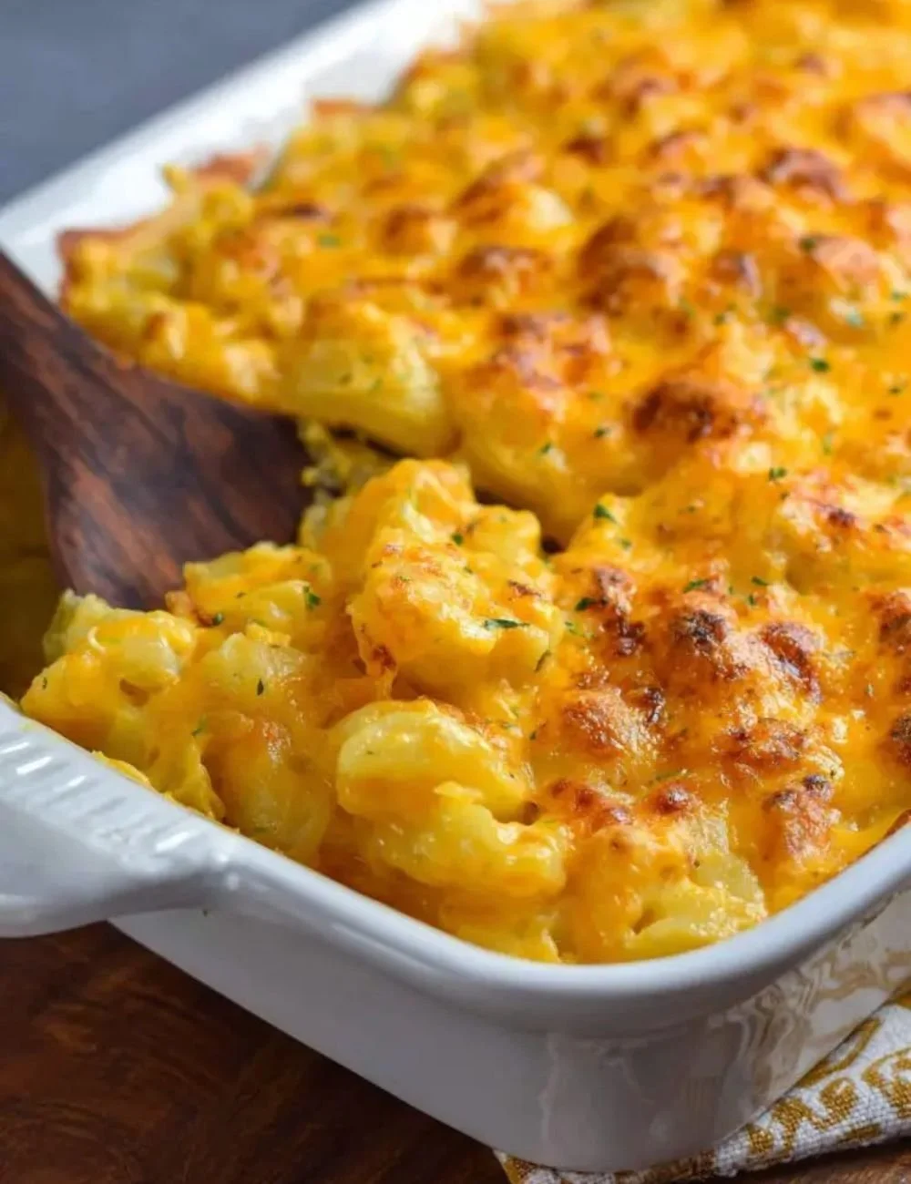 Delicious Velveeta cheesy potatoes served in a baking dish