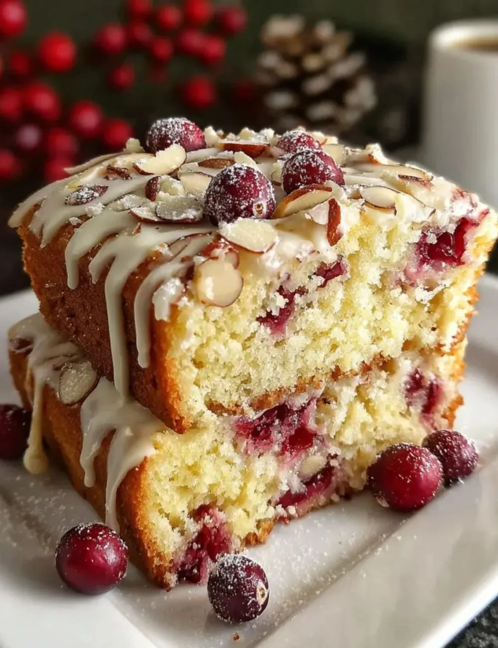 Sliced Almond Cranberry Cake Delight topped with fresh cranberries and almonds.