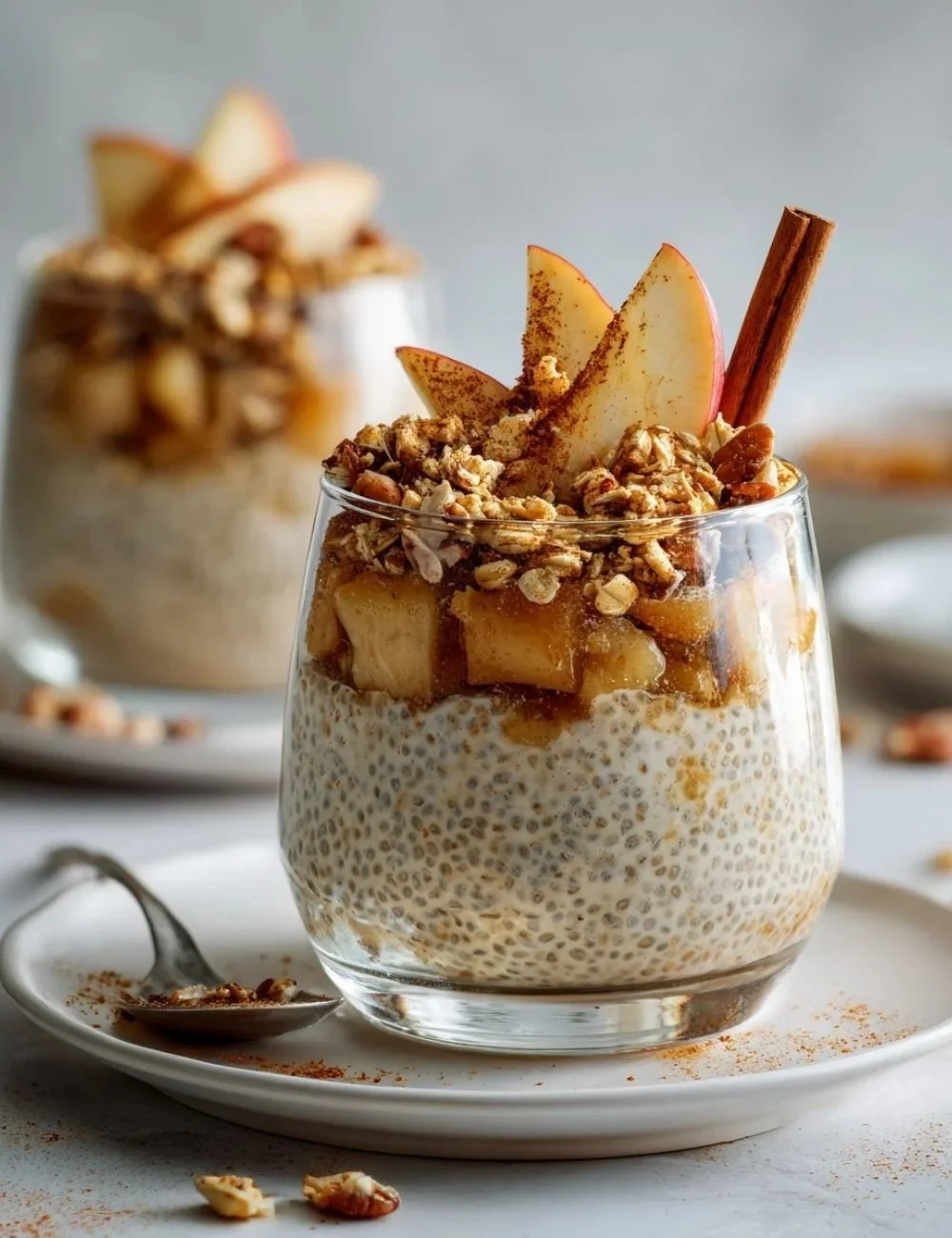 A bowl of apple crumble chia pudding topped with apples and spices