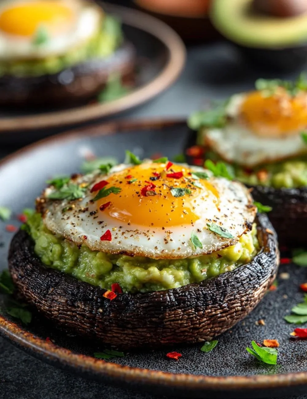 Avocado egg stuffed Portobello mushrooms on a plate