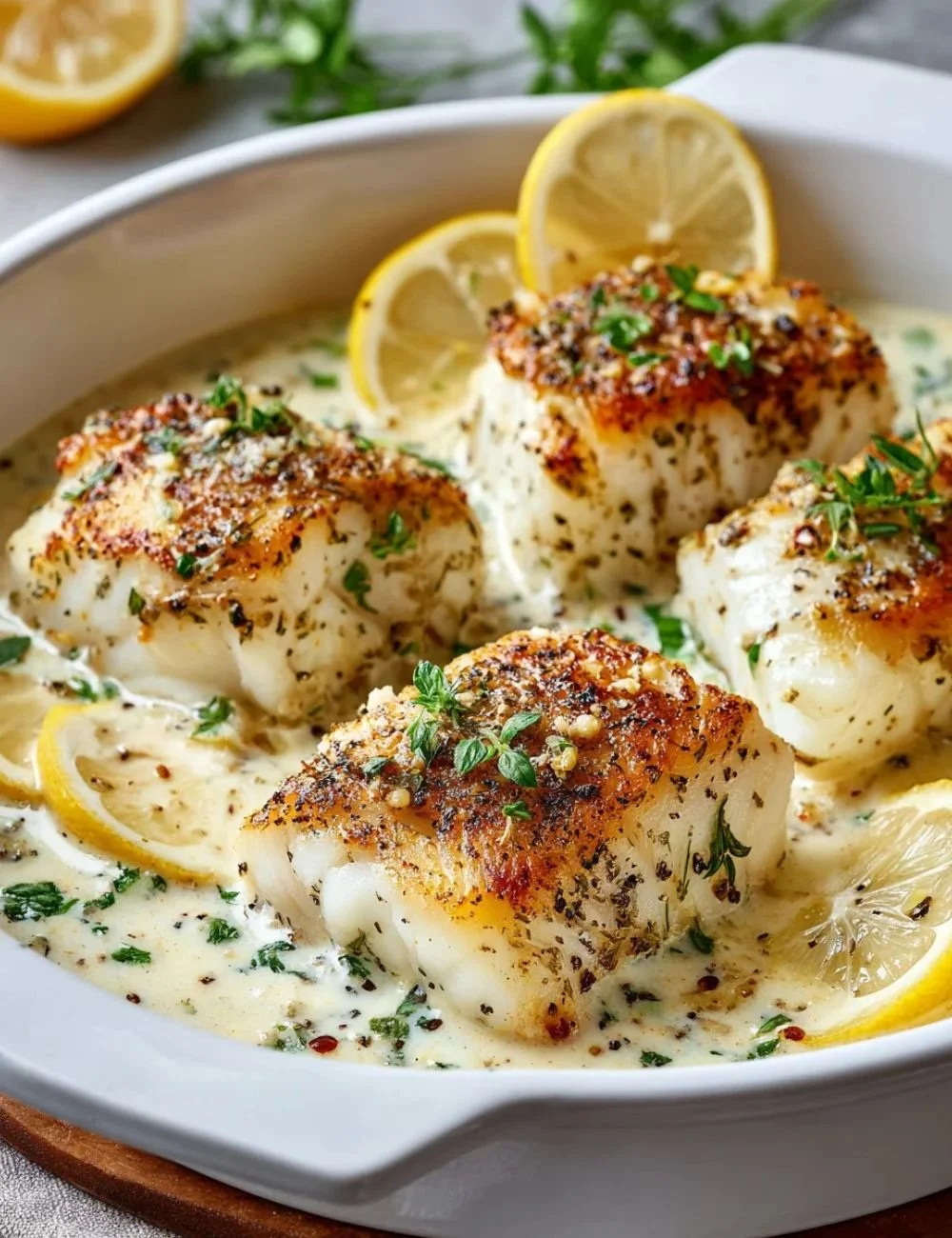 Baked cod fillet in coconut lemon cream sauce on a plate