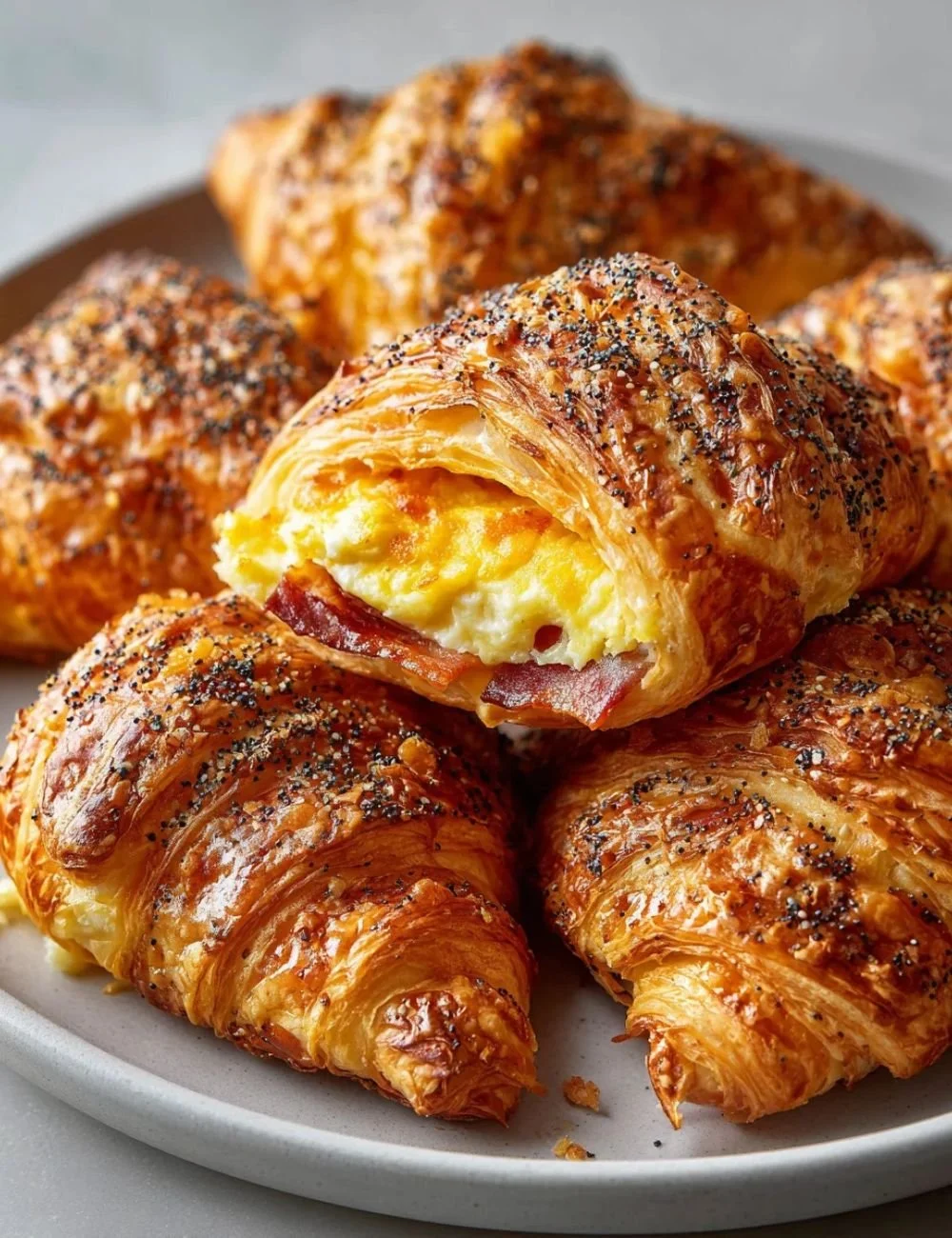 Beef bacon egg cheese pastry served with fresh herbs on a plate