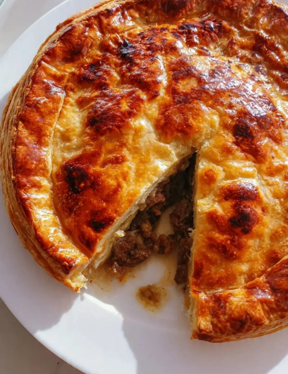 Delicious homemade Beef & Stilton Pie with flaky crust and rich filling
