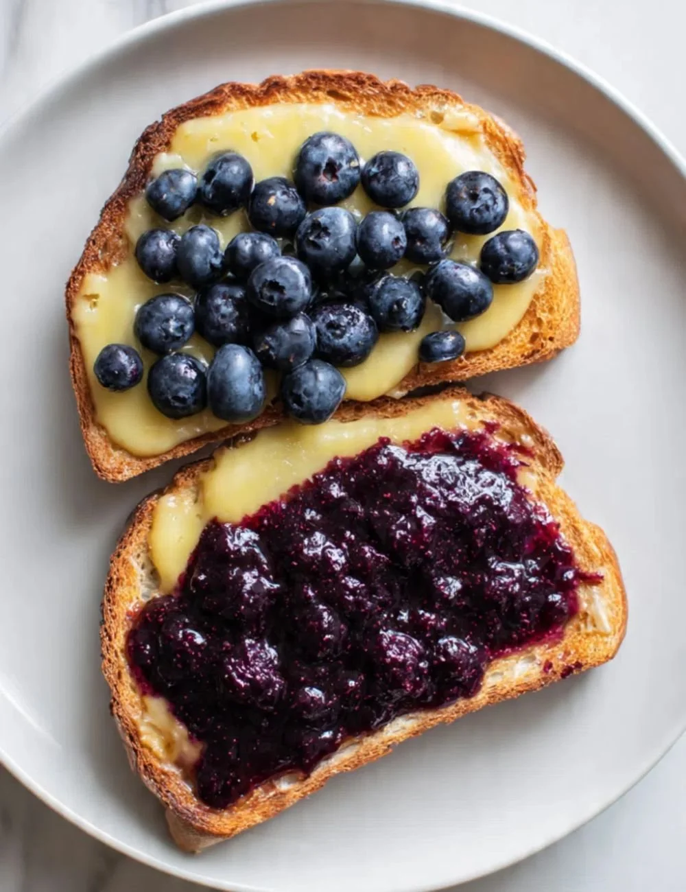 Delicious Blueberry Custard Toast topped with fresh blueberries and custard