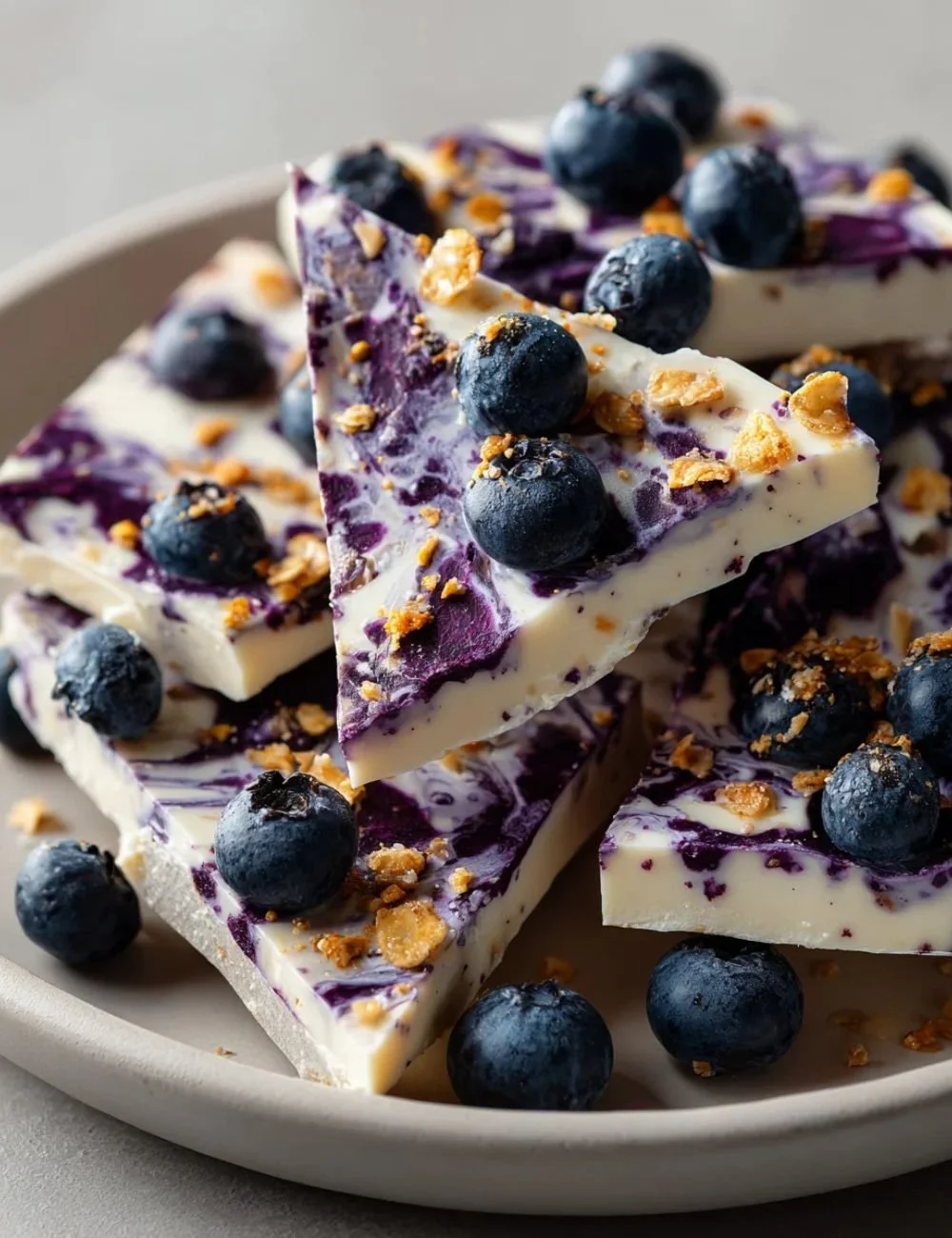 Blueberry Frozen Cottage Cheese Bark topped with fresh blueberries